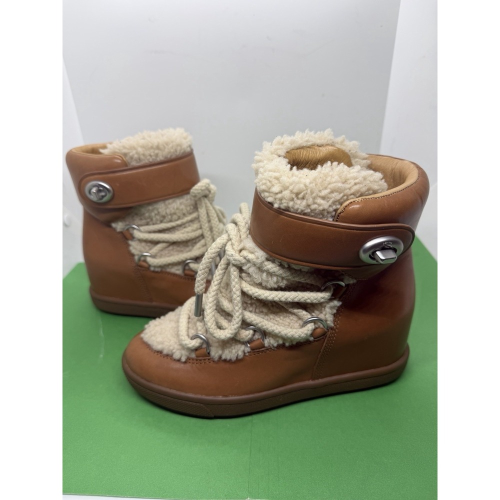 COACH Monroe Brown Leather Shearling Ankle Boots Women 6B Lace Strap Wedge